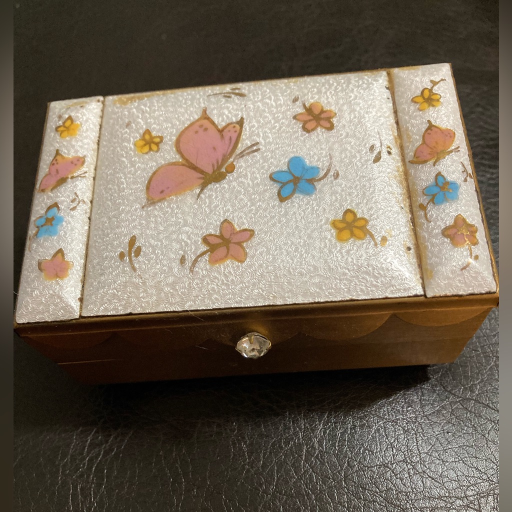 Antique Little Goldtone Multi-Level Jewelry Box With Mirror & Lined With Velvet